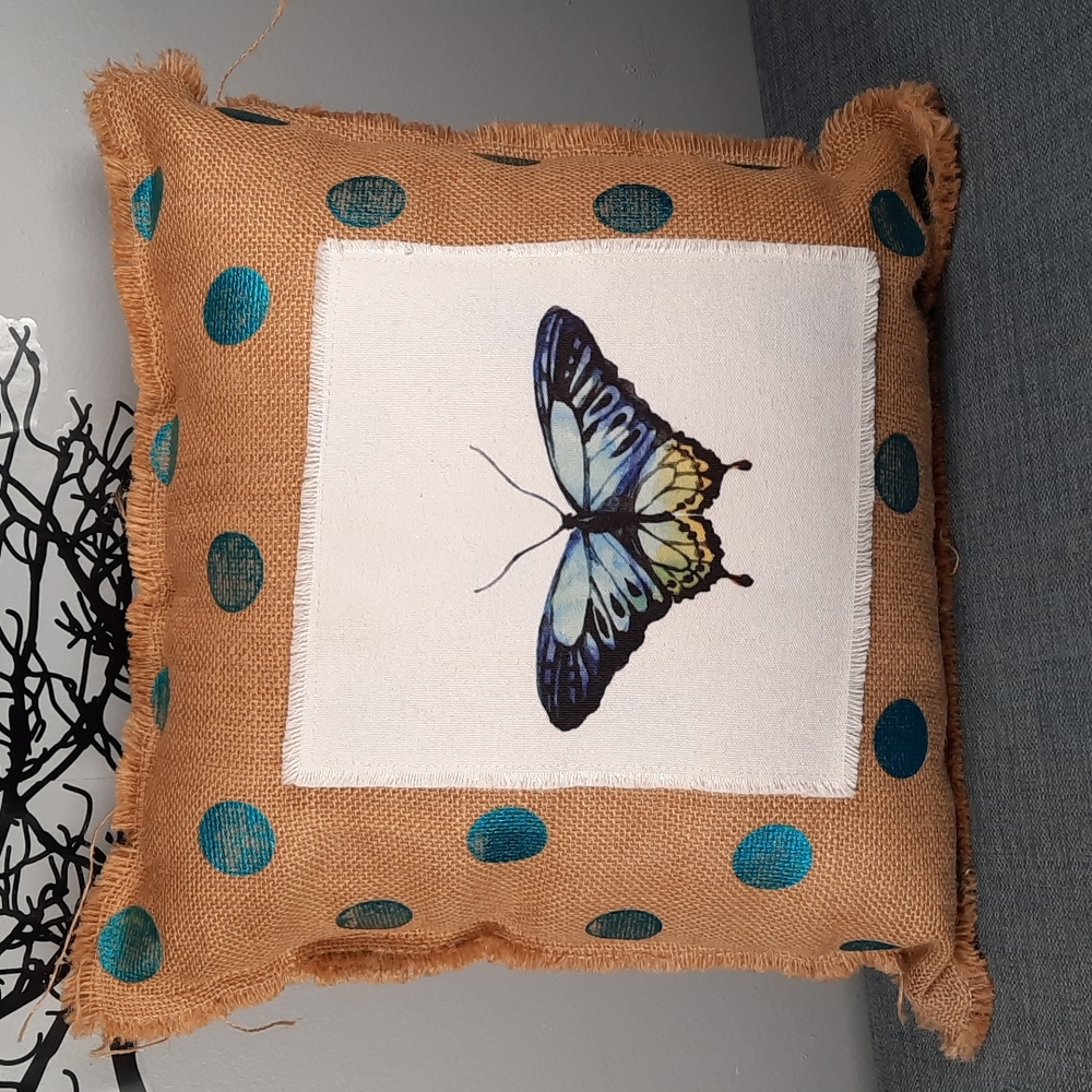 Butterfly Pillow Throw Toss Patio Porch Burlap Metalic Accent Applique